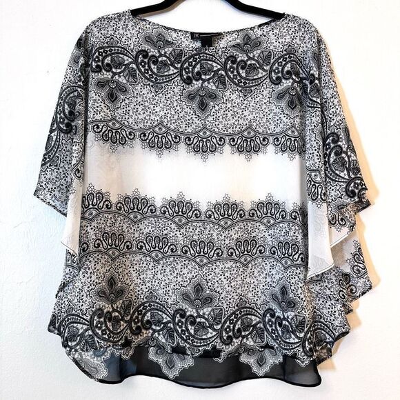 INC International Concepts Dolman Sleeve Boho Paisley Blouse Black White Sz 4 - Picture 1 of 3